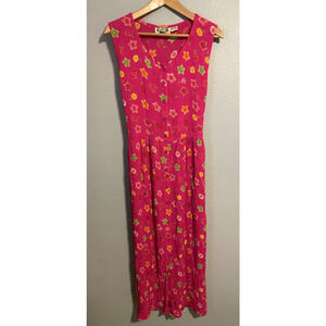 Vintage 24 Karat Maxi Dress Womens Free Size Pink Floral Button Up Art Boho 90s